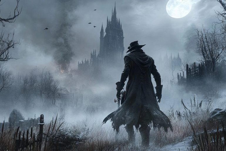 Dive into the haunting world of Bloodborne's Yharnam! This image captures the game's signature blend of gothic beauty and cosmic horror. Experience the dread and awe as a lone Hunter confronts the terrors lurking in the city's twisted streets. #Bloodborne #GothicHorror #VideoGameArt